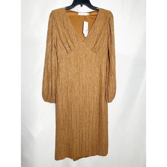 NWT All In Favor Plissé Empire Waist Midi Dress Light Brown - Picture 2 of 3